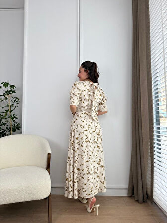 Ekru Yakası Bağlama Detaylı Elbise