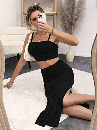 Kadın Kolsuz Askılı Crop Yırtmaçlı Midi Etek Fitilli Kaşkorse Takım