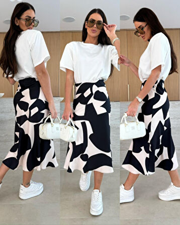 Kadın Kısa Kollu Bisiklet Yaka Viskon Bluz Ve Desenli Süprem Etek Ikili Takım