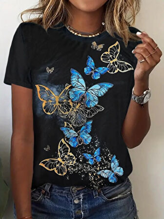 Kadın Kısa Kollu Mavi Sarı Kelebek Baskı Süprem Bluz