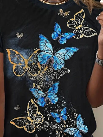 Kadın Kısa Kollu Mavi Sarı Kelebek Baskı Süprem Bluz