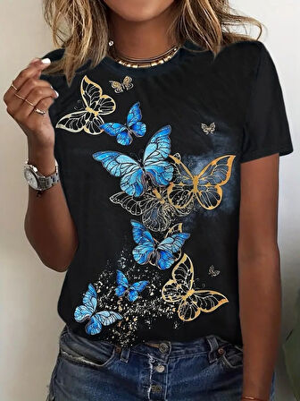 Kadın Kısa Kollu Mavi Sarı Kelebek Baskı Süprem Bluz