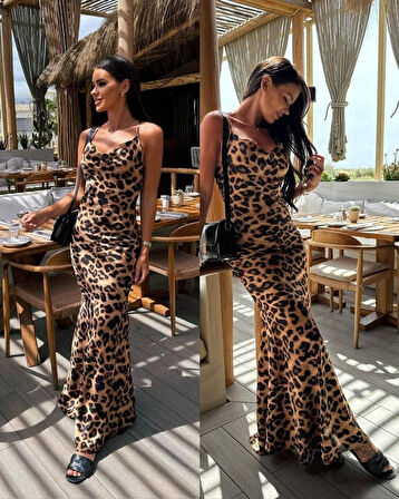 Kadın Saten Kumaş Leopar Desenli Uzun Askılı Elbise