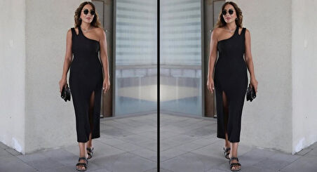 Kadın Kolsuz Tek Omuz Damla Detay JanJan Krep Elbise