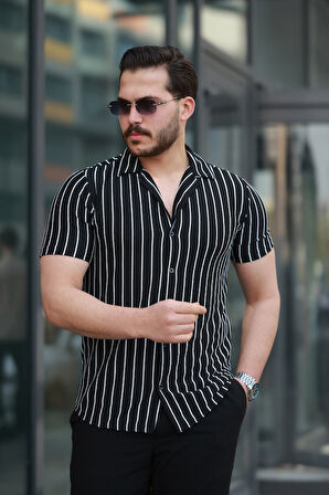 Erkek Kısa Kollu Beyaz çizgi Desenli örme Kumaş Pamuklu Gömlek