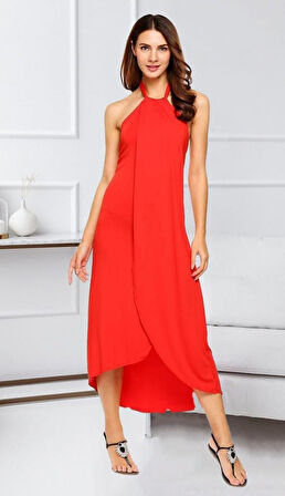 Boyun Askılı Eteği Kruvaze Kesim Viskon Kumaş Elbise