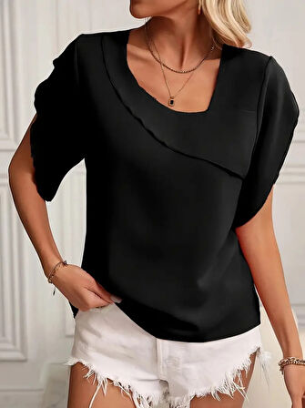 Kadın Kısa Kollu Yaka Ve Kol Detay Jesica Bluz