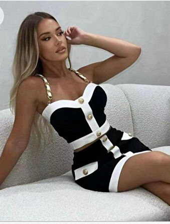 Kadın Dalgıç Kumaş Düğme Ve Zincir Detaylı Ikili Takım