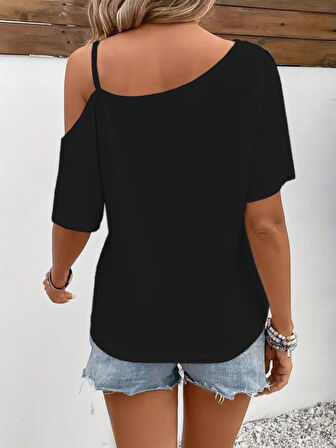 Kadın Tek Omuzu Açık Ip Askılı Baskılı Viskon Bluz