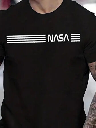 Erkek Kısa Kollu NASA Baskı Bisiklet Yaka T-shirt