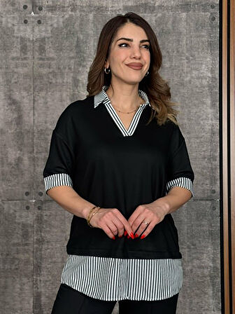 Kadın Modal Kumaş çizgili Gömlek Yaka Ikili Takım