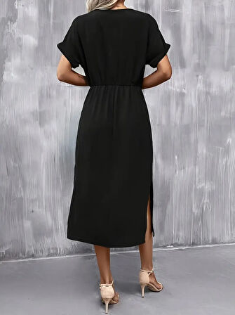 Kadın Kısa Kollu Yakası Açık Belden Bağlamalı Yırtmaçlı Viskon Elbise