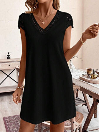 Kadın Kısa Kollu V Yakalı Viskon Elbise