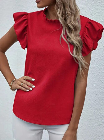 Kadın Kısa Kollu Fırfır Yakalı Bürümcük Bluz