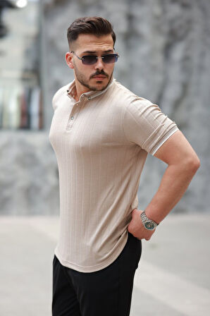 Erkek Düğme Yakalı Jakar Kumaş Kısa Kollu Tişört