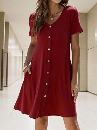 Kadın Kısa Kollu V Yaka önü Düğmeli Viskon Elbise