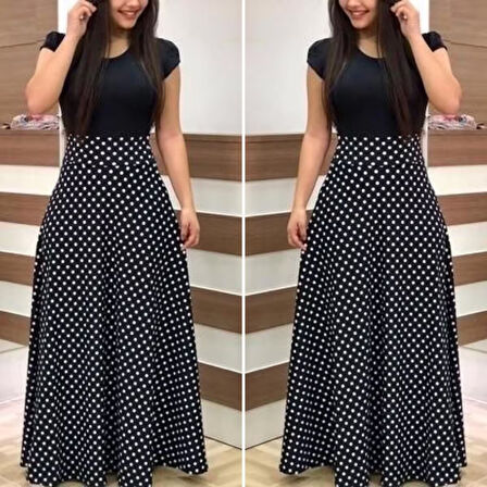 Kadın Kısa Kollu Puan Desen Tam Boy Krep Elbise