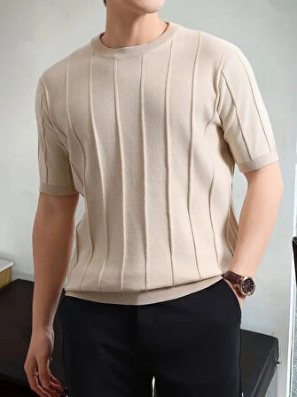 Erkek Kısa Kollu Bisiklet Yaka çizgili Triko Bluz