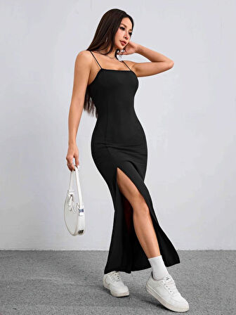 Kadın Ip Askılı Yandan Yırtmaçlı Janjan Krep Elbise