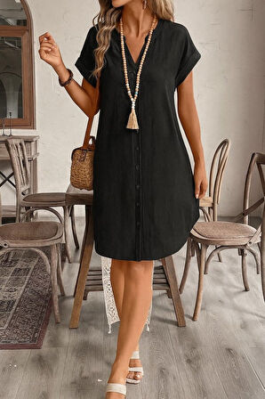 Kadın Kısa Kollu önden Düğmeli Ithal Keten Elbise
