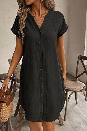 Kadın Kısa Kollu önden Düğmeli Ithal Keten Elbise