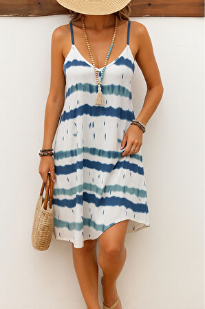 Kadın Ip Askılı V Yakalı Karışık Renkli Süprem Elbise