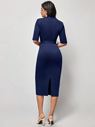 Kadın Kısa Kollu Yakalı Kruvaze Yakalı Beli Kemerli Midi Modal Elbise