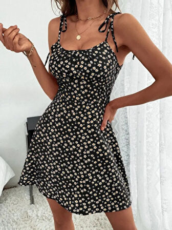 Kadın Ip Askılı Omuzlardan Bağcıklı çiçek Desenli Süprem Elbise