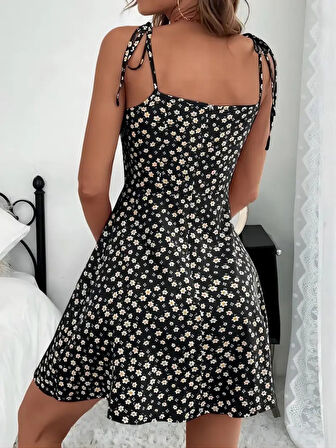 Kadın Ip Askılı Omuzlardan Bağcıklı çiçek Desenli Süprem Elbise