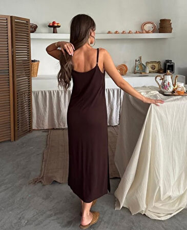 Kadın Siyah Asansör Askılı Çift Yırtmaçlı Helen Elbise