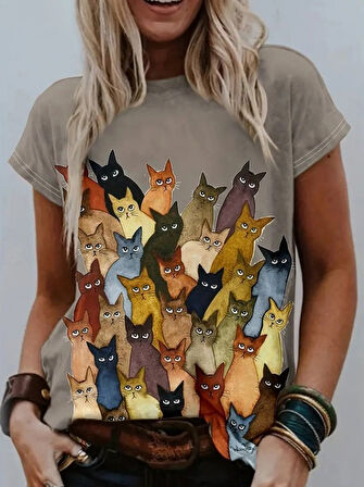 Kadın Kısa Kollu Bisiklet Yaka Kedi Desenli Süprem Bluz