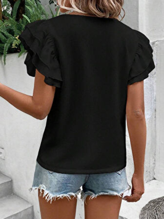 Bisiklet Yaka Kolları Volanlı İthal Krep Bluz