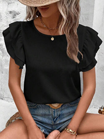 Bisiklet Yaka Kolları Volanlı İthal Krep Bluz