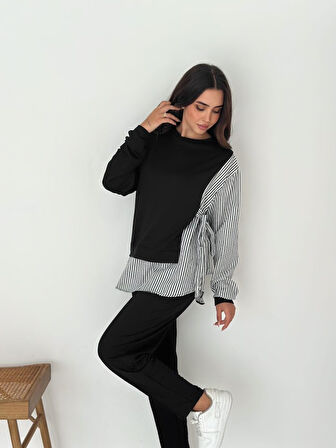 Kadın Gömlek Detay çizgili Yandan Bağlamalı Ikili Takım