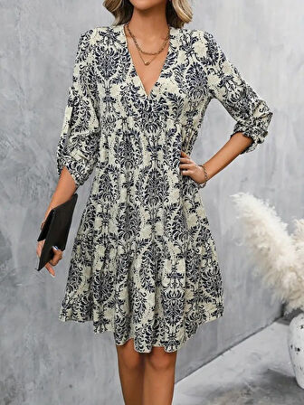 Kadın Uzun Kollu V Yakalı Fırfırlı Mini Süprem Elbise