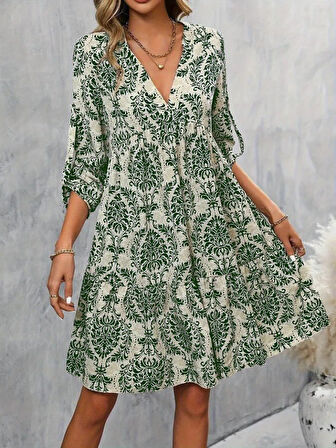 Kadın Uzun Kollu V Yakalı Fırfırlı Mini Süprem Elbise