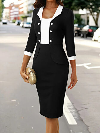 Kadın Truvakar Kol çift Renkli Düğmeli Kısa Ithal Krep Elbise