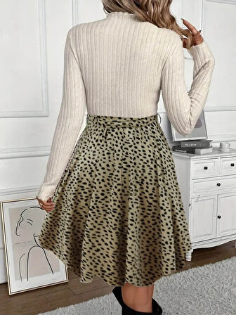 Kadın Uzun Kollu Balıkçı Yaka Belden Bağlamalı üst Kaşkorse Eteği Dalgıç Elbise