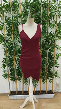 Kadın Tek Omuzu Ip Askılı Kruvaze Yakalı Belden Düğmeli Asimetrik Kesim Detaylı Kaşkorse Elbise