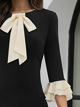 Kadın Truvakar Kollu Fiyonk Yakalı Midi Ithal Krep Elbise