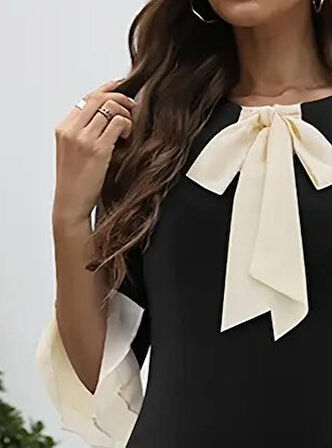 Kadın Truvakar Kollu Fiyonk Yakalı Midi Ithal Krep Elbise