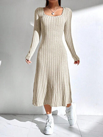 Kadın Uzun Kollu Kare Yaka Midi Kaşkorse Elbise