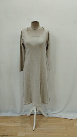 Kadın Uzun Kollu Kare Yaka Midi Kaşkorse Elbise