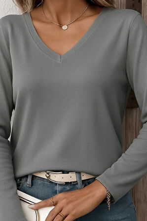 Kadın Uzun Kollu V Yaka Triko Bluz