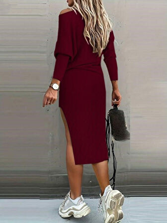 Kadın Uzun Kollu Düşük Omuz Yırtmaç Detay Kaşkorse Etek Bluz Ikili Takım