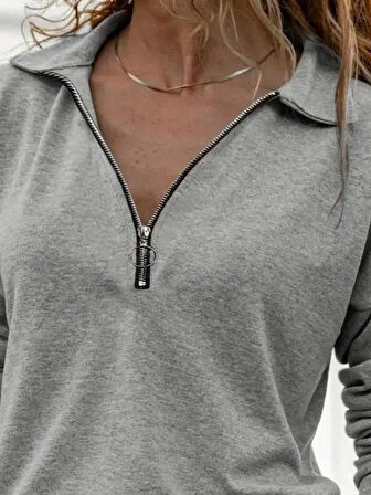 Kadın Uzun Kollu Yakalı Fermuarlı Iki Iplik Bluz