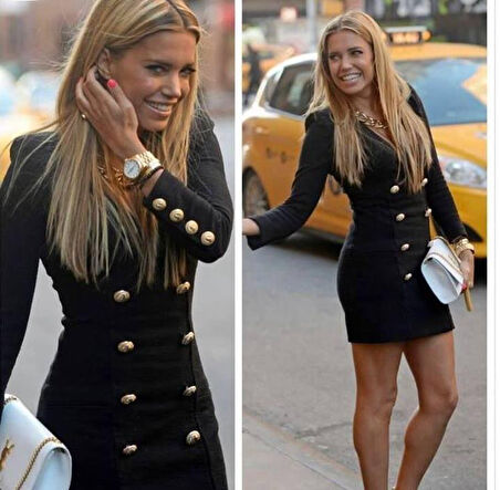 Kadın Uzun Kollu V Yaka Düğme Detay Ceket Elbise