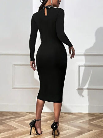 Kadın Uzun Kollu Balıkçı Yaka Taşlı Damla Detay Midi Ithal Krep Elbise