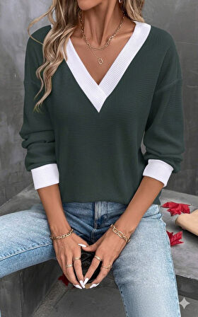 Kadın Uzun Kollu V Yakalı Waffle Bluz