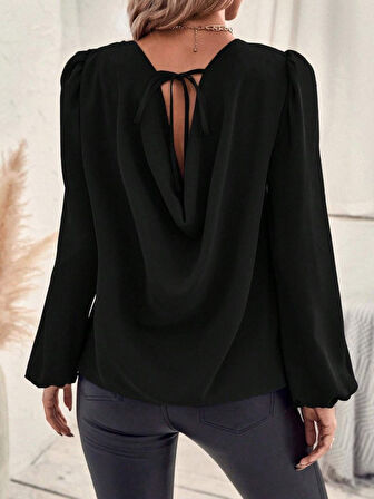 Kadın Uzun Kollu Yuvarlak Yaka Arkadan Bağcıklı Salaş Ithal Krep Bluz